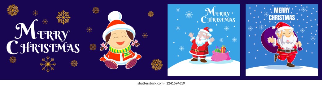 Collection of two cartoon Santa Claus & girl characters in different positions and expressions, isolated on blue background