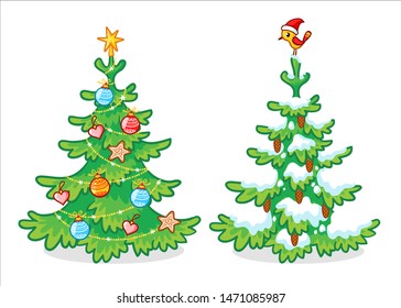 Collection of two Christmas trees on a white background. Vector illustration on a Christmas theme in cartoon style.