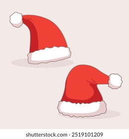 A collection of two classic red Santa hats with fluffy white trim and cartoon style pom poms. Ideal for Christmas decorations, holiday themed illustrations and holiday projects.