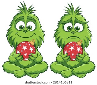 A collection of two cute holiday monster characters holding a red Christmas ornament in a sitting position.