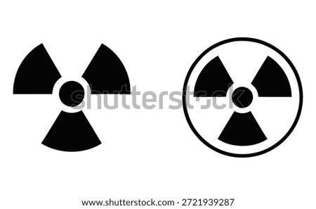 Collection of two distinct radiation trefoil symbols, one solid black and one outlined within a circle, representing danger and radioactivity warning signs.