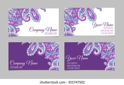 Collection of two double-sided business cards. Paisley on white and violet backgrounds