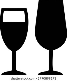 Collection of two elegant wine glasses icons showing different shapes and styles for restaurant menu or winery branding design set vector graphic isolated black silhouettes.