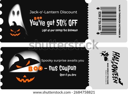 Collection of two Halloween coupons: one discount coupon with pumpkin and ghost, 50 percent off, and one bonus coupon with spooky design