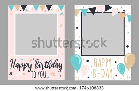 Collection of two happy birthday to you frames vector illustration. Set of white and pink collage for memorable picture cartoon design. Celebration and party concept