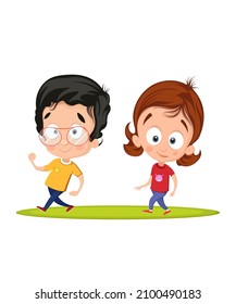 collection of two happy children girl wearing red T-shirt and blue pants boy wearing yellow T-shirt and blue pants isolated on white background