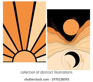 collection of two illustration with stylized mountains, sun and moon in black and gold yellow colours