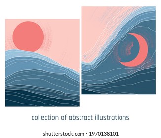 collection of two landscapes with stylized mountains, sun and moon in orange and blue contrast palette