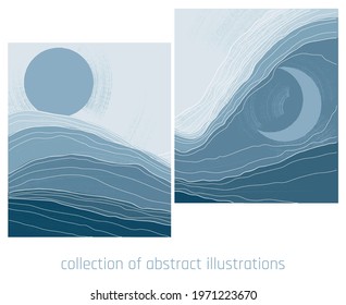 collection of two landscapes with stylized mountains, sun and moon in blue palette