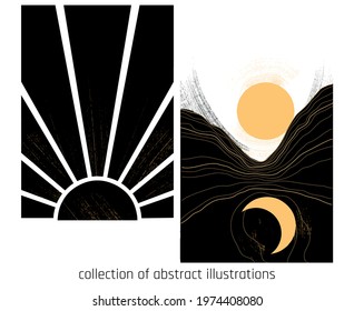 collection of two landscapes with stylized mountains, sun and moon in black white and gold palette
