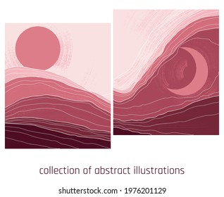 collection of two landscapes with stylized mountains and moon in rose palette