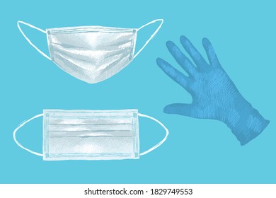 Collection of two medical masks and gloves, hand-drawn.