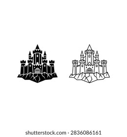 A collection of two medieval castle icons featuring towers and battlements on a rocky base presented in solid black silhouette and thin line art versions.