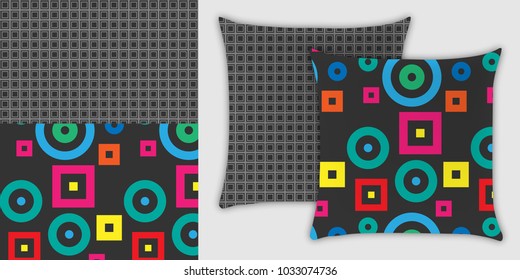 Collection two modern geometry patterns for design of pillows.
Seamless pattern with colorful motif circles and squares. It may be used for design of a pillow, bag, wallpaper, fabric.