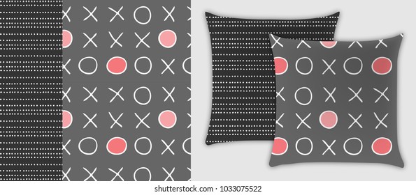 Collection two modern patterns for design of pillows.
Seamless pattern with motif circles and crosses. It may be used for design of a pillow, bag, wallpaper, fabric.