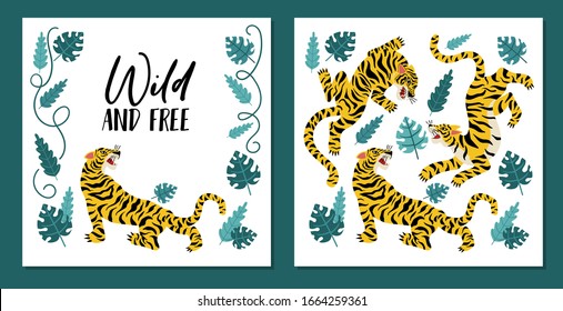 Collection of two parts of card with tigers and handwritten lettering vector illustration. Wild and free text trendy style design. Animals and tropical leaves