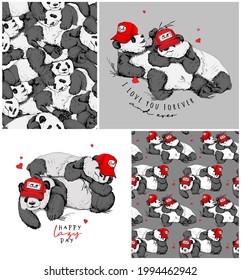 Collection of two print and two seamless pattern. Two pandas hugging and Resting in a red baseball cap. Funny pose. Humor textile composition, hand drawn style print. Vector illustration.