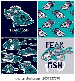 Collection of two print and two seamless pattern. Skeleton Fish. 
Dark Underwater world. Textile composition, hand drawn style print. Vector illustration.