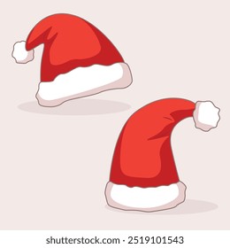 A collection of two red Santa hats with fluffy white trim and cartoon style pom poms. Ideal for Christmas decorations, holiday themed illustrations and holiday projects.