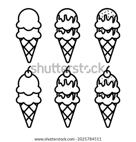 Collection two scoops of ice cream cone outline icons set on a white background. Vector illustration. Eps 10.