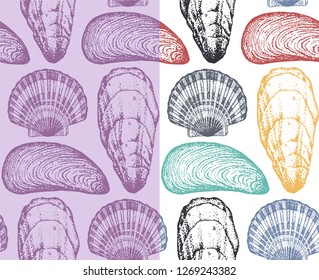 Collection of two seamless pattern with shells: mussels, oysters and scallops. Summer/beach theme. Vector.