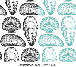 Collection of two seamless pattern with shells: mussels, oysters and scallops. Summer/beach theme. Black and green silhouettes. Vector.