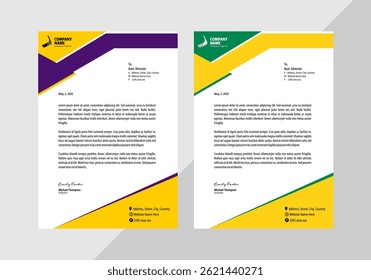 collection of two simple and elegant letterhead templates, letterhead for business, a4 letterhead, letterhead layout, green and orange color combination.