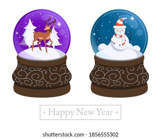 Collection of two snow globe with different characters: cute deer and funny snowman. Christmas decorations. Shining effect. Isolated on a white background. Vector colorful illustration