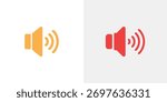 Collection of two sound volume icons. Orange and Red speaker with sound waves on a light gray and white background. Flat vector illustration representing audio settings.