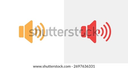Collection of two sound volume icons. Orange and Red speaker with sound waves on a light gray and white background. Flat vector illustration representing audio settings.