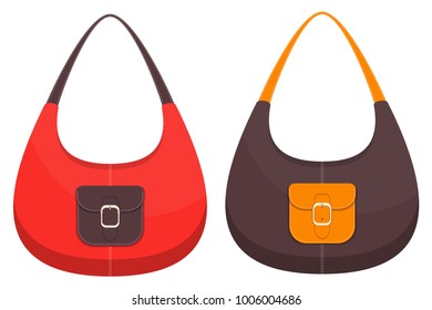 Collection of two stylish colorful leather handbags with pockets and white stitching. Woman bag. Ladies handbags isolated on white background. Vector illustration