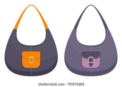Collection of two stylish colorful leather handbags with pockets and white stitching. Woman bag. Ladies handbags isolated on white background. Vector illustration