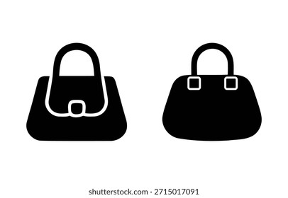 Una colección de dos iconos estilizados de bolso negro, uno con detalle de solapa y hebilla perfilada y otra silueta sólida, perfecta para el diseño de moda o accesorios.