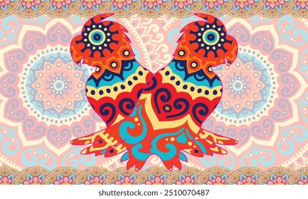 Collection of two stylized macaw (ara) parrots. Monochrome and colored versions. Freehand sketch for adult anti stress coloring book page with doodle and zentangle elements.
