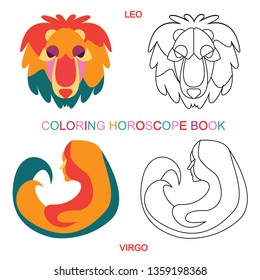 Collection of two stylized star signs. Monochrome and colored versions.Coloring book pages for kids with horoscope