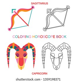 Collection of two stylized star signs. Monochrome and colored versions.Coloring book pages for kids with horoscope
