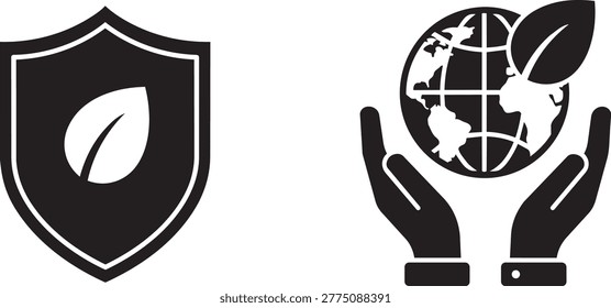 A collection of two vector icons: a shield symbol featuring a leaf for nature protection and a pair of hands cradling a globe with a leaf for conservation.