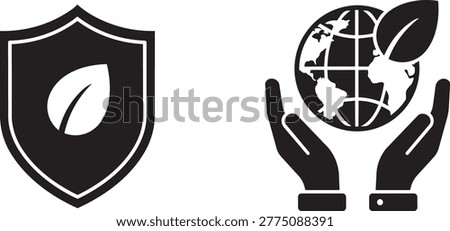 A collection of two vector icons: a shield symbol featuring a leaf for nature protection and a pair of hands cradling a globe with a leaf for conservation.