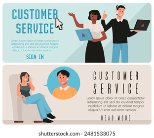 A collection of two vector illustrations in cartoon style: call center agents, customers, headset, laptop - all this provides technical support 24 hours a day.