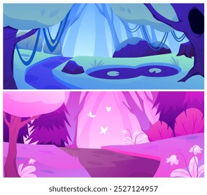 Una colección de dos Ilustraciones vectoriales con un fantástico bosque de colores rosa neón y azul. Perfecto para un juego colorido o un fondo fabuloso.