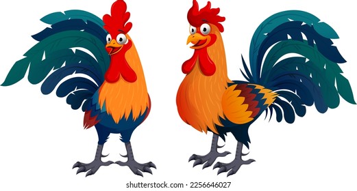 A collection of two vector illustrations featuring a stylized, smiling rooster in two different poses