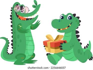 A collection of two vector illustrations featuring happy crocodile kids. One pose shows the crocodile kid picking up a gift box, while the other depicts the crocodile kid wearing eyeglasses