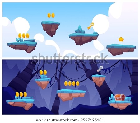 A collection of two vector illustrations with game scenes with flying rocks, crystals and gold coins against the background of the sky and an ominous forest