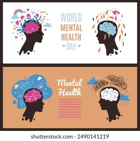 A collection of two vector posters dedicated to mental health care with silhouettes of people and a reflection of their restless and joyful thoughts