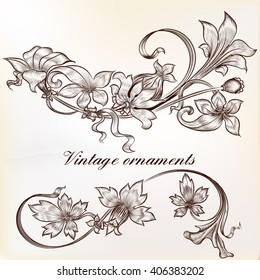 Collection from two vector vintage design elements high detailed hand drawn flourishes with flowers