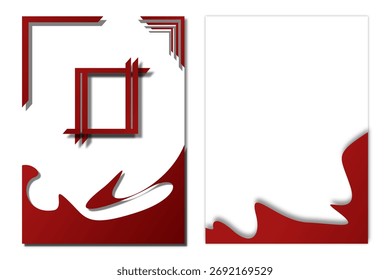 Una colección de dos Plantillas de Vertical con Formas rojas abstractas, incluyendo un marco cuadrado y ondas que fluyen, sobre un fondo blanco con un efecto de sombra sutil.
