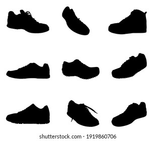 Colección de láminas deportivas de ligas ilustraciones de silueta vectorial aisladas en fondo blanco. Ropa deportiva de zapatillas. Moderno desgaste de pies. Equipamiento elegante para el gimnasio y la actividad al aire libre.