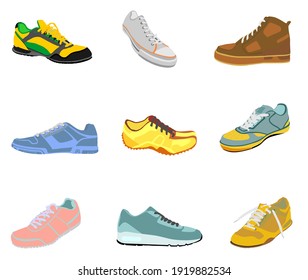 Colección de la ilustración vectorial de zapatos deportivos ligados aislados en el fondo blanco. Ropa deportiva de zapatillas. Moderno desgaste de pies. Equipamiento elegante para el gimnasio y la actividad al aire libre.