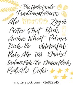 Collection of type of beer. Ale, lager, cider, bock, stout, porter, irish, doppelbock, red ale, IPA phrases. Ink illustration. Modern brush calligraphy. Isolated on white background.