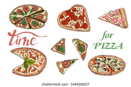 Collection of type of pizza. Hand drawn inkand colored sketch. Pepperoni, Margarita,  Mushroom.  Perfect for leaflets, cards, posters, prints, menu, booklets, labels.  Vector illustration.
